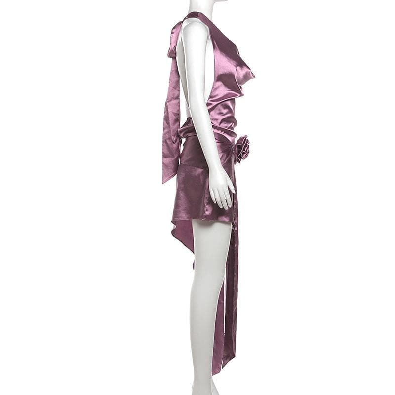 Cowl neck halter flower applique knotted mini dress  | Festival Outfits Women