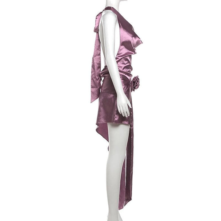 Cowl neck halter flower applique knotted mini dress  | Festival Outfits Women