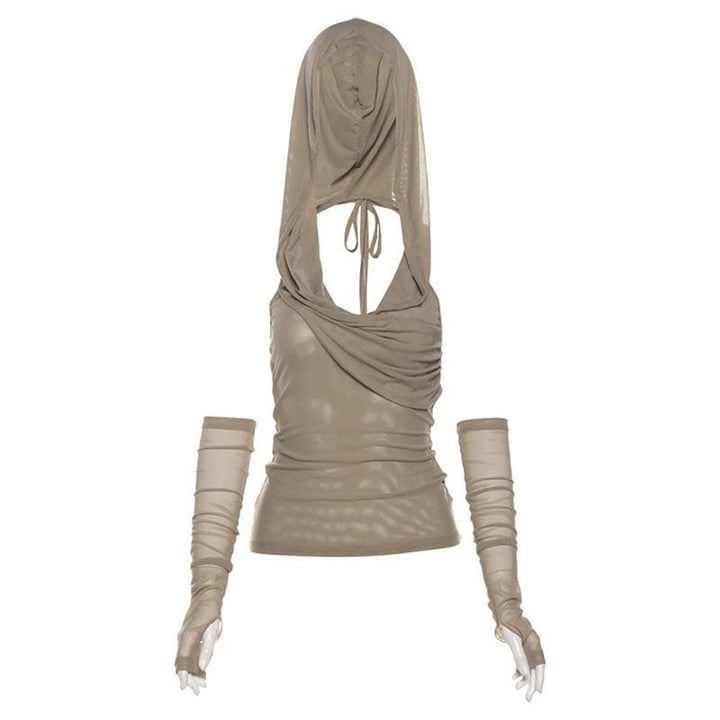 Hoodie gloves sheer mesh top  | Festival Outfits Women