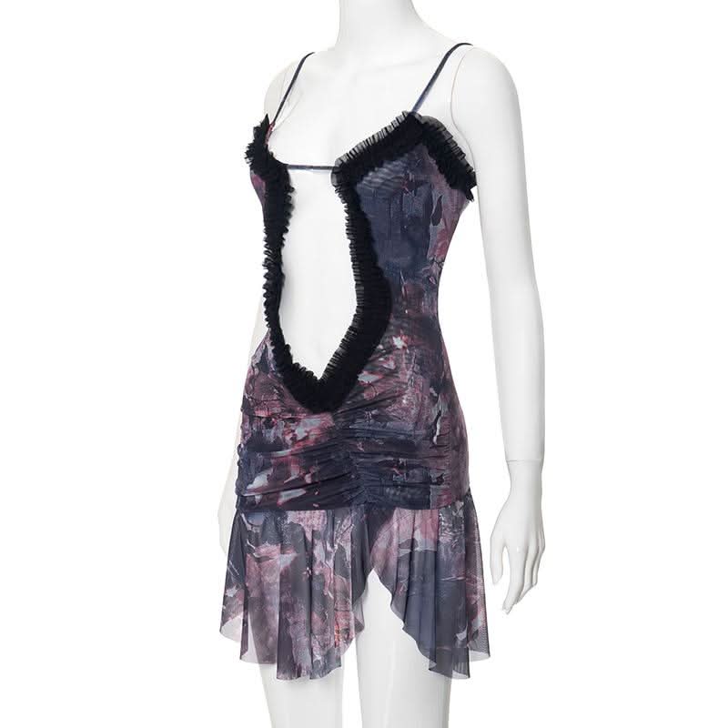 Double layered mesh ruffle hollow out cami cut out mini dress-final-sale