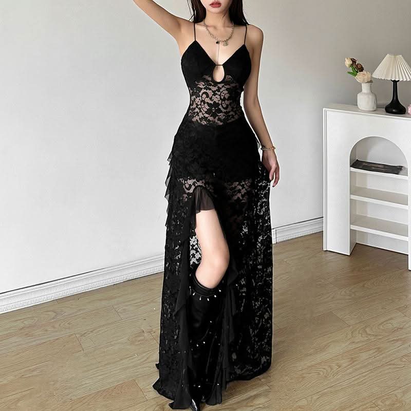 Hollow out v neck lace slit spaghetti strap cut out maxi dress  | Festival Outfits Women