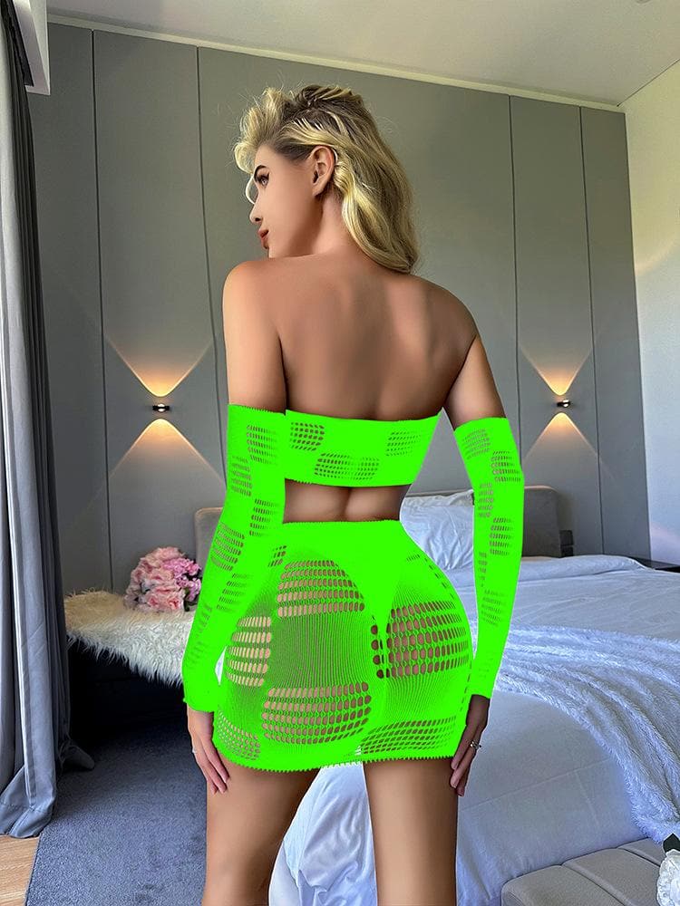Gloves fishnet patchwork tube mini skirt set  | Festival Outfits Women