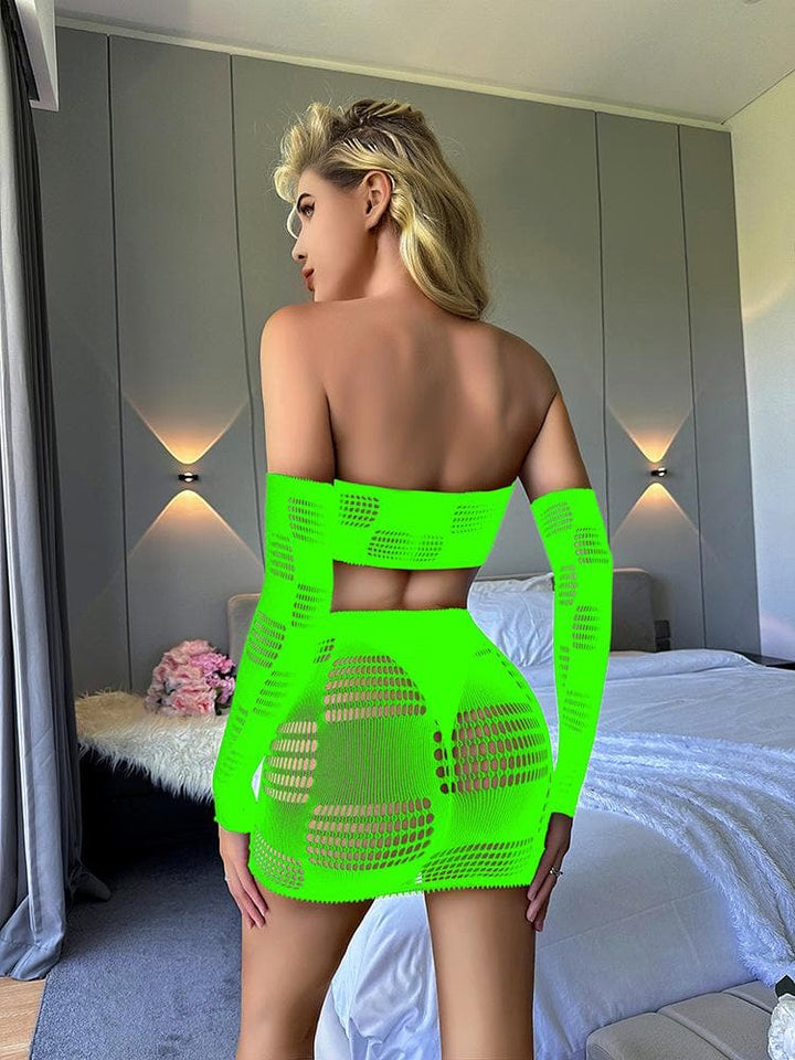 Gloves fishnet patchwork tube mini skirt set  | Festival Outfits Women