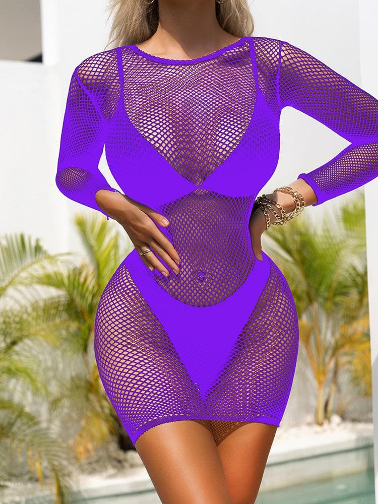 Long sleeve fishnet stitch crewneck mini dress  | Festival Outfits Women
