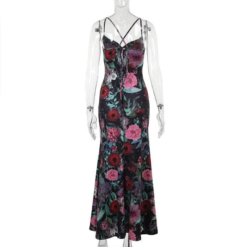 Cowl neck flower print contrast backless cami maxi dress-final-sale  | Festival Outfits Women