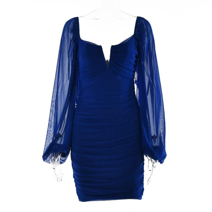 Mesh solid long sleeve ruched notch neck zip-up mini dress-final-sale  | Festival Outfits Women