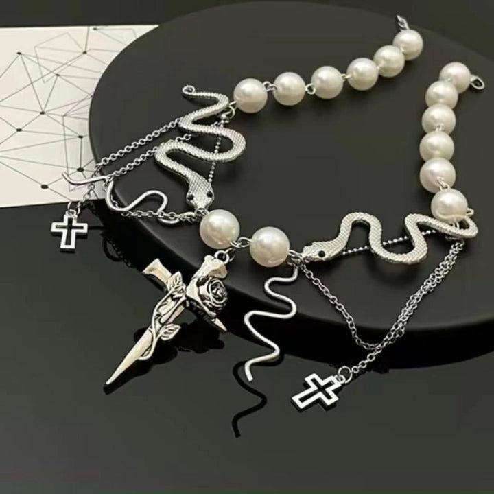 Rose cross snake faux pearl choker necklace  | Festival Outfits Women