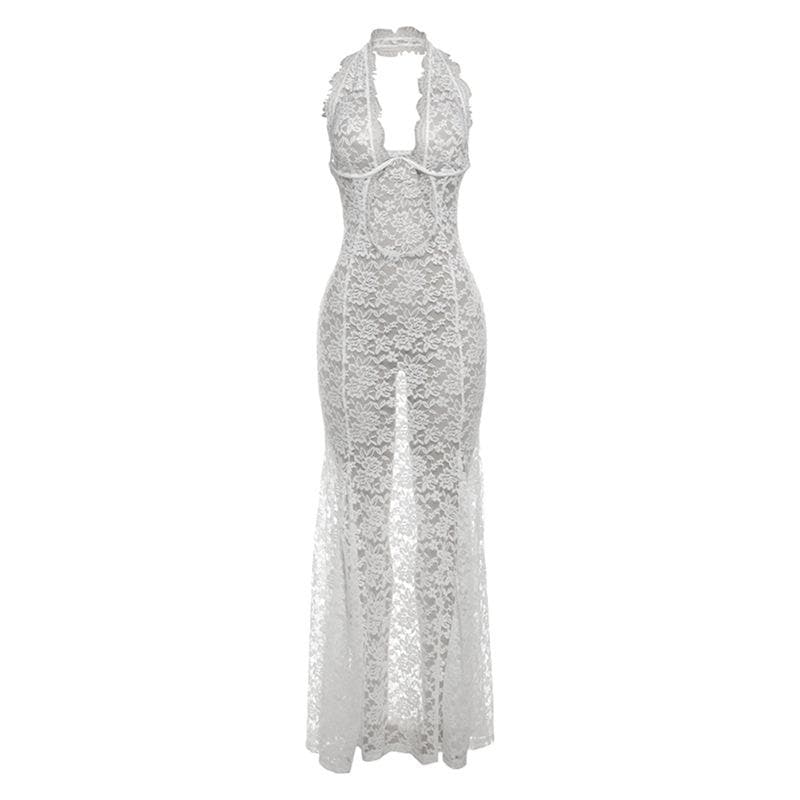 Halter lace see through hollow out cut out maxi dress  | Festival Outfits Women