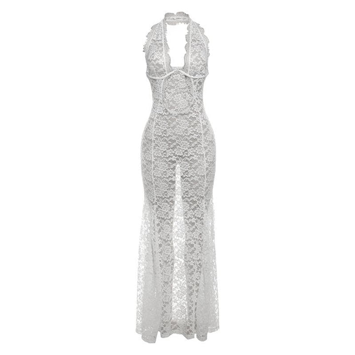 Halter lace see through hollow out cut out maxi dress  | Festival Outfits Women