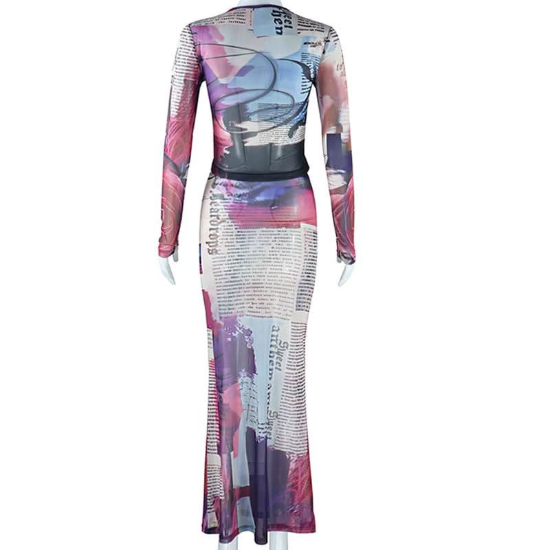 Long sleeve crewneck abstract mesh maxi skirt set  | Festival Outfits Women