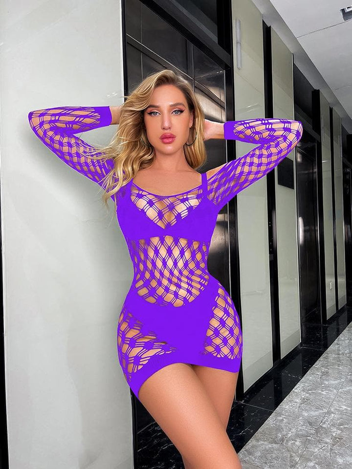 Long sleeve off shoulder hollow out fishnet cut out mini dress  | Festival Outfits Women
