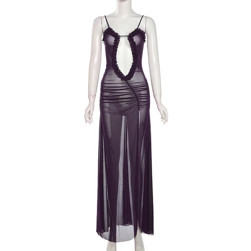 Sheer mesh hollow out ruched high slit cami cut out maxi dress  | Festival Outfits Women