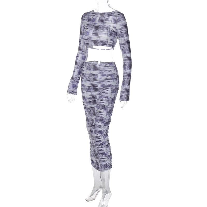 Contrast print long sleeve backless hollow out ruched cut out midi skirt set-final-sale  | Festival Outfits Women