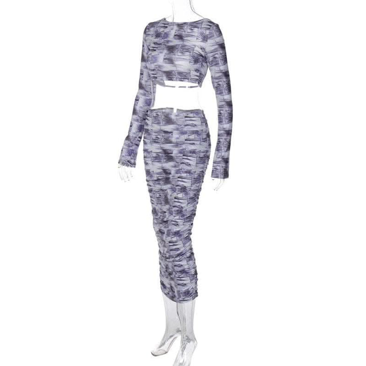 Contrast print long sleeve backless hollow out ruched cut out midi skirt set-final-sale  | Festival Outfits Women