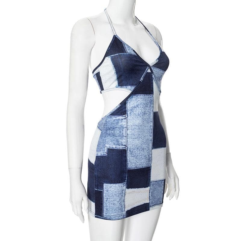 Riga mai kama da na Halter patchwork denim hollow out cut out mini dress | Kayan Biki na Mata