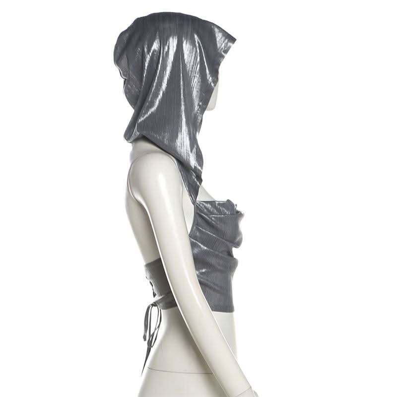 Hoodie metallic backless lace up crop top  | Festival Outfits Women-final-sale