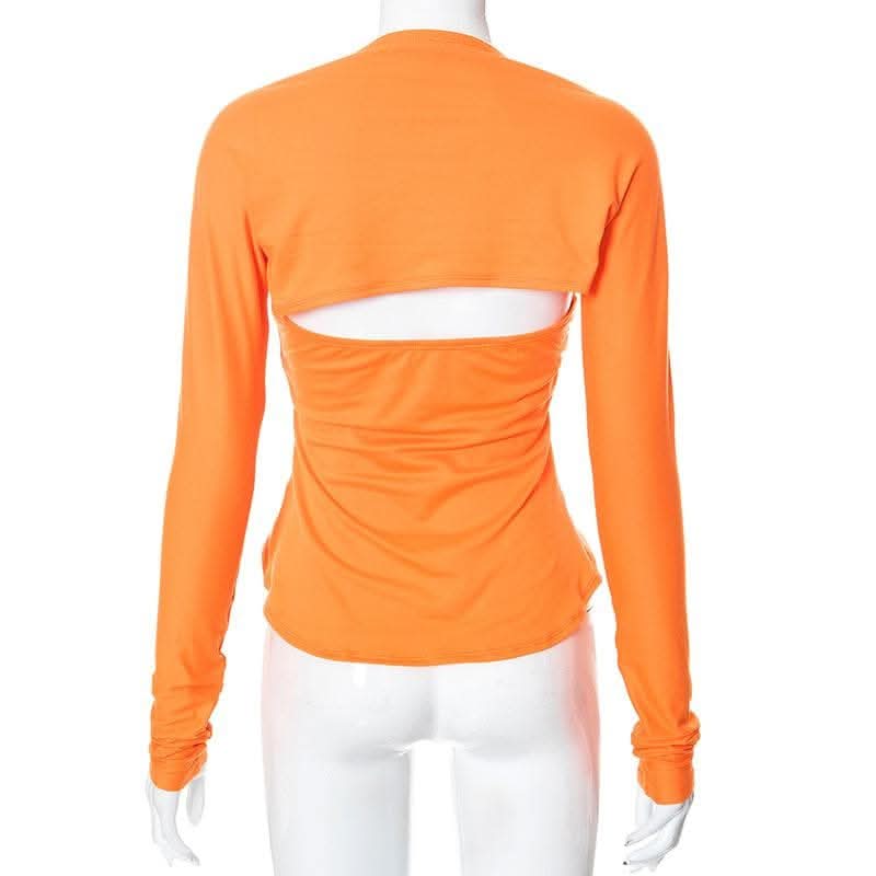 Drawstring hollow out button solid 2 piece shrug tube cut out top-final-sale  | Festival Outfits Women