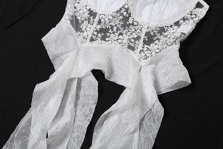 Mesh embroidery ruffle backless cami top  | Festival Outfits Women