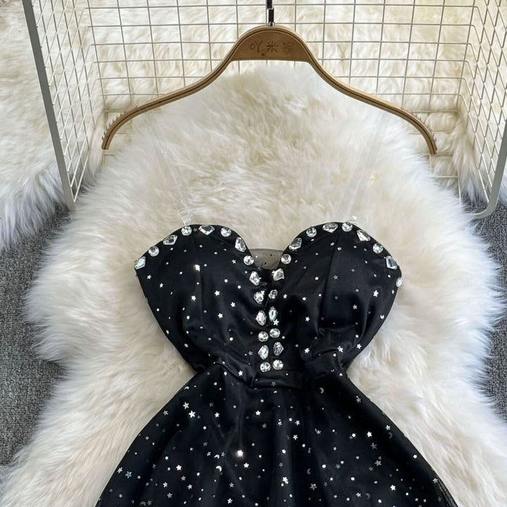 Sweetheart neck beaded glitter mesh mini dress  | Festival Outfits Women