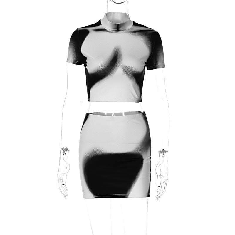 Short sleeve high neck contrast body print mini skirt set-final-sale  | Festival Outfits Women