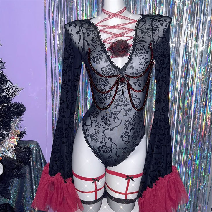 Long flared sleeve v neck see through flower applique bodysuit  | Festival Outfits Women