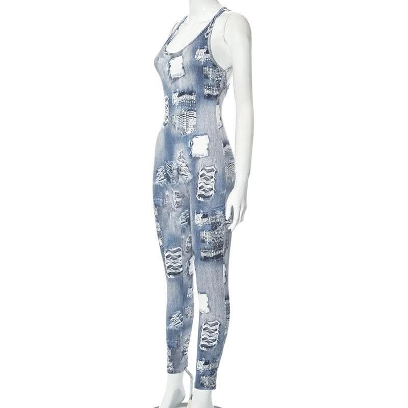 Denim print cross back u neck sleeveless jumpsuit-final-sale  | Festival Outfits Women