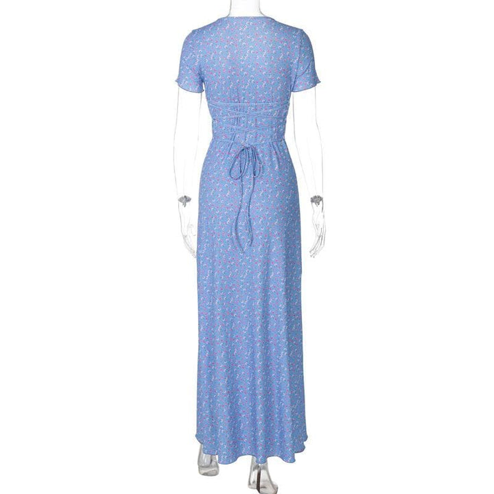 U neck flower print lace up maxi dress  | Festival Outfits Women
