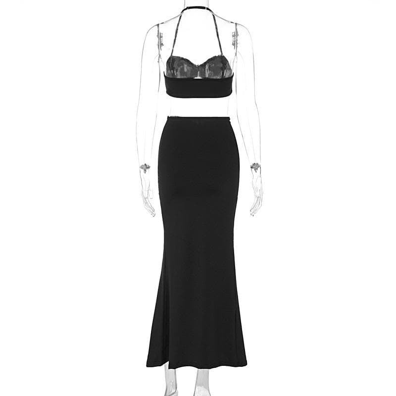 Halter sweetheart neck ruched maxi skirt set  | Festival Outfits Women