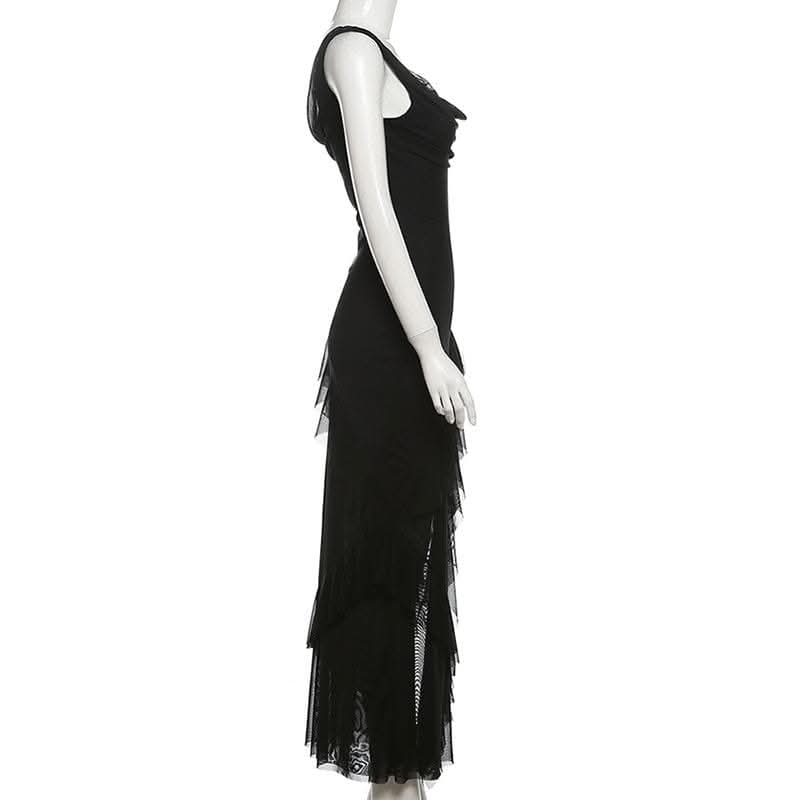 Cowl neck mesh ruffle slit irregular solid cami maxi dress-final-sale  | Festival Outfits Women