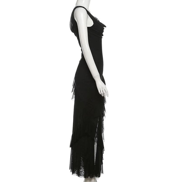 Cowl neck mesh ruffle slit irregular solid cami maxi dress-final-sale  | Festival Outfits Women