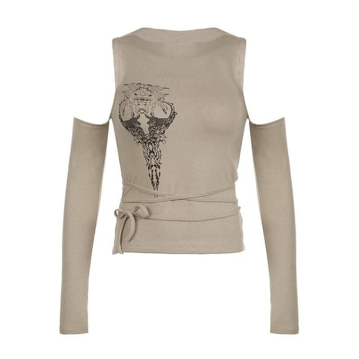 Abstract off shoulder long sleeve self tie contrast top-final-sale