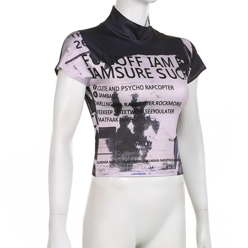 High neck short sleeve letter print contrast top-final-sale  | Festival Outfits Women