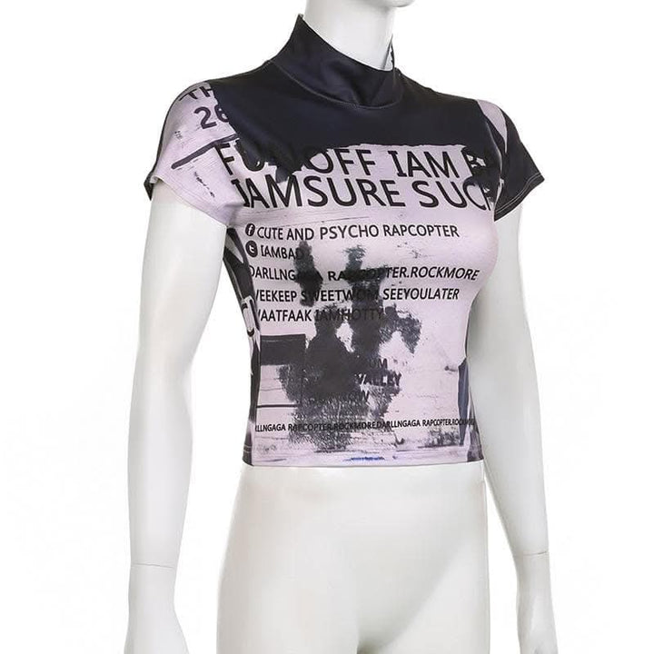 High neck short sleeve letter print contrast top-final-sale  | Festival Outfits Women