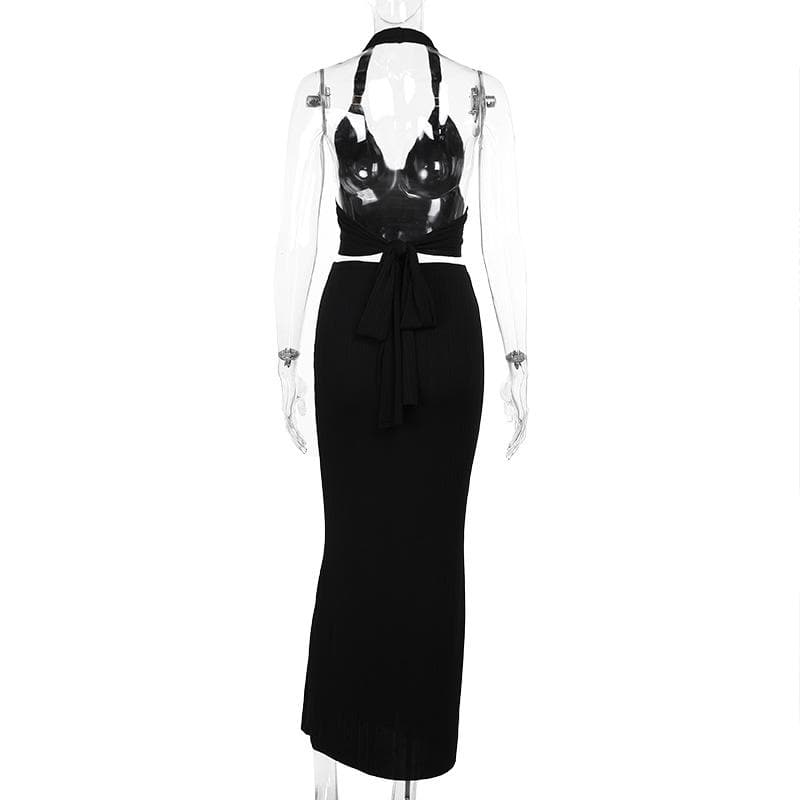 Halter v neck knotted backless maxi skirt set  | Festival Outfits Women