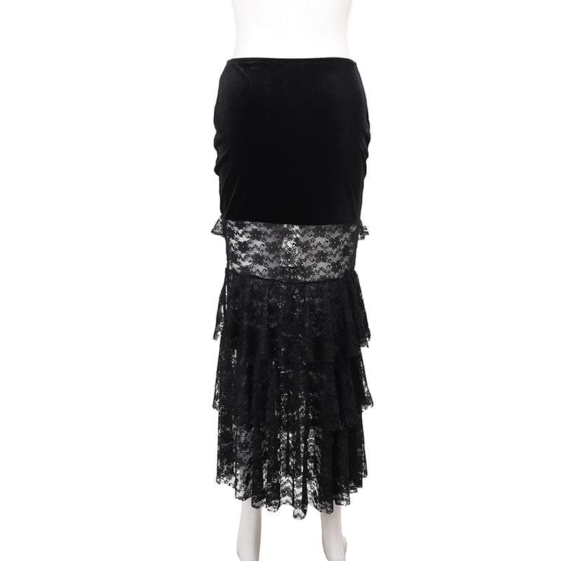 Velvet lace ruched slit midi skirt  | Festival Outfits Women