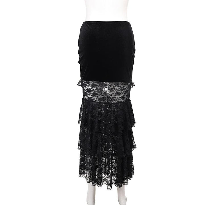 Velvet lace ruched slit midi skirt  | Festival Outfits Women