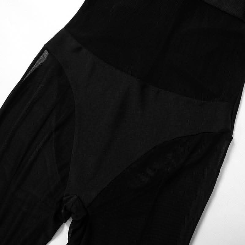 Gloves long sleeve mesh patchwork solid zip-up jumpsuit-final-sale  | Festival Outfits Women