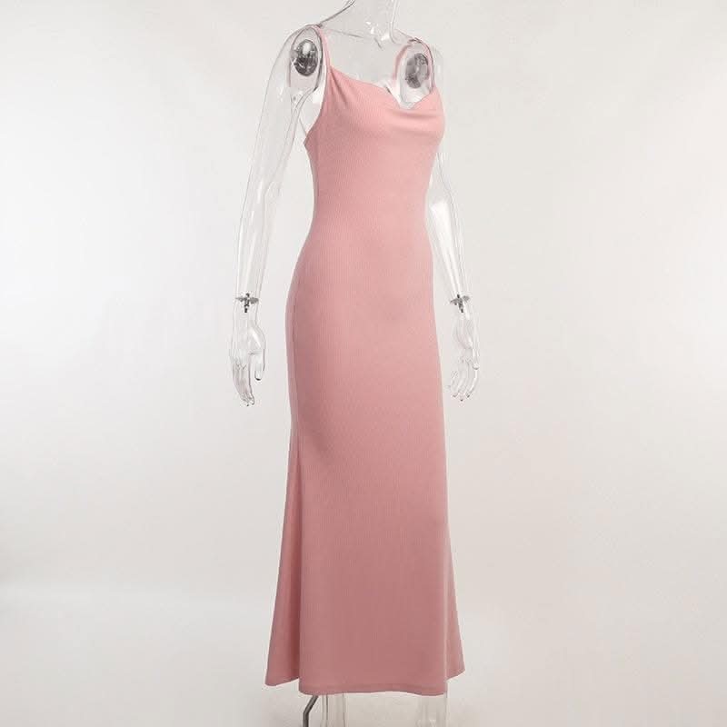 Sleeveless solid ribbed cowl neck backless ruffle maxi dress-final-sale  | Festival Outfits Women