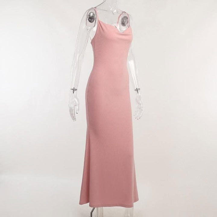 Sleeveless solid ribbed cowl neck backless ruffle maxi dress-final-sale  | Festival Outfits Women