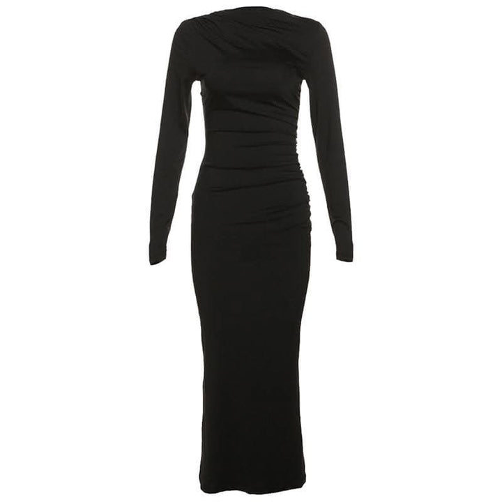 Ruched solid long sleeve zip-up maxi dress-final-sale  | Festival Outfits Women