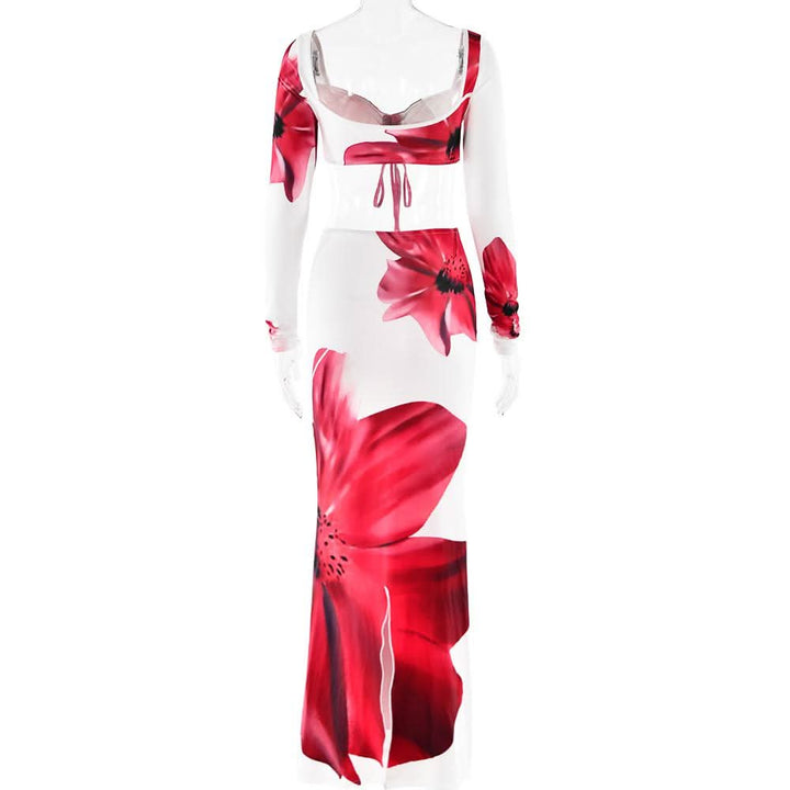 Long sleeve ruched drawstring print slit maxi skirt set  | Festival Outfits Women
