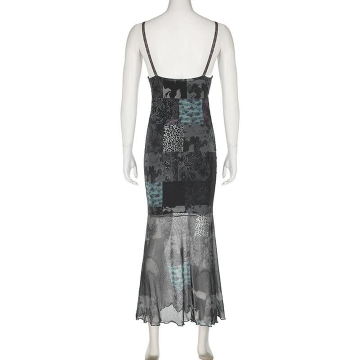 V neck print lace hem mesh cami midi dress  | Festival Outfits Women
