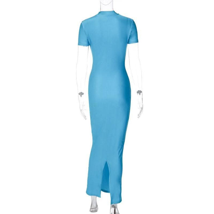 Short sleeve high neck slit solid maxi dress-final-sale  | Festival Outfits Women