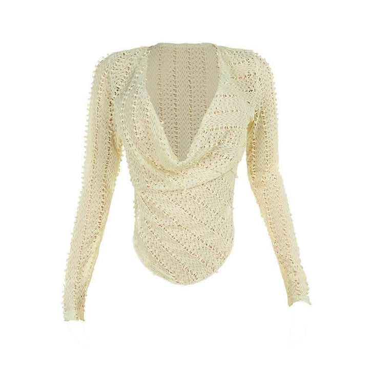 Cowl neck long sleeve irregular hollow out cut out top  | Festival Outfits Women