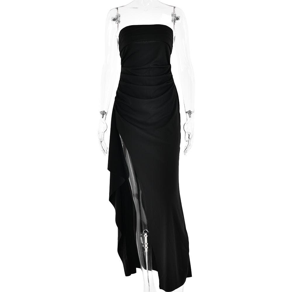 Ruched high slit irregular ruffle tube maxi dress  | Festival Outfits Women