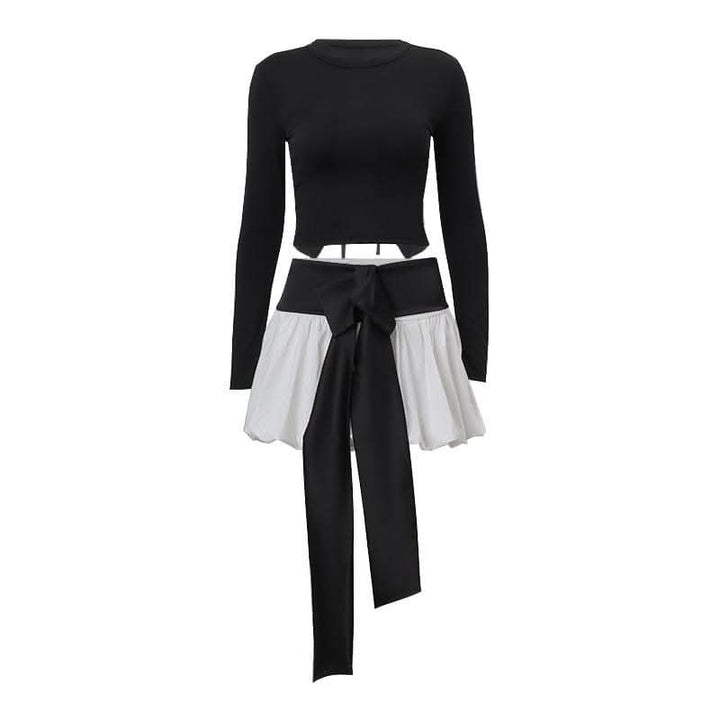 Long sleeve crewneck bowknot lace up ribbon ruched mini skirt set-final-sale  | Festival Outfits Women