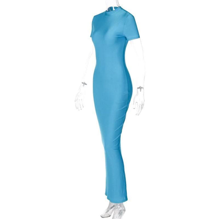 Short sleeve high neck slit solid maxi dress-final-sale  | Festival Outfits Women