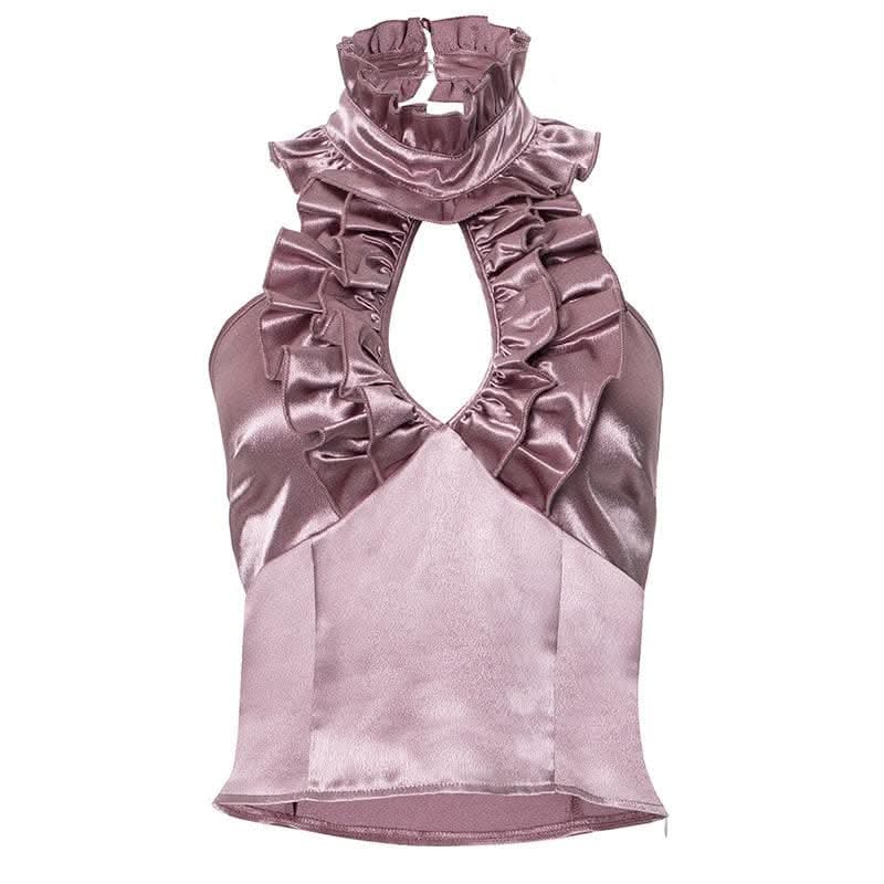 Halter ruffle ruched satin backless top-final-sale  | Festival Outfits Women