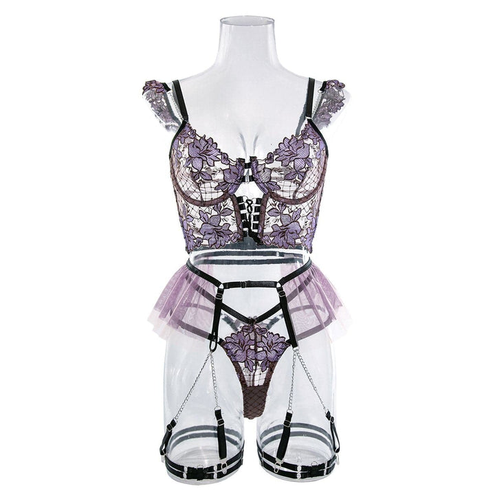Embroidery metal chain mesh garter lingerie set  | Festival Outfits Women