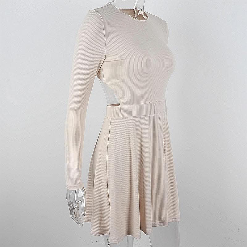 Ribbed long sleeve solid button hollow out crewneck cut out mini dress-final-sale  | Festival Outfits Women
